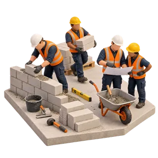 Gezichtsloze 3D-bouwmedewerkers met gereedschap op een bouwplaats
