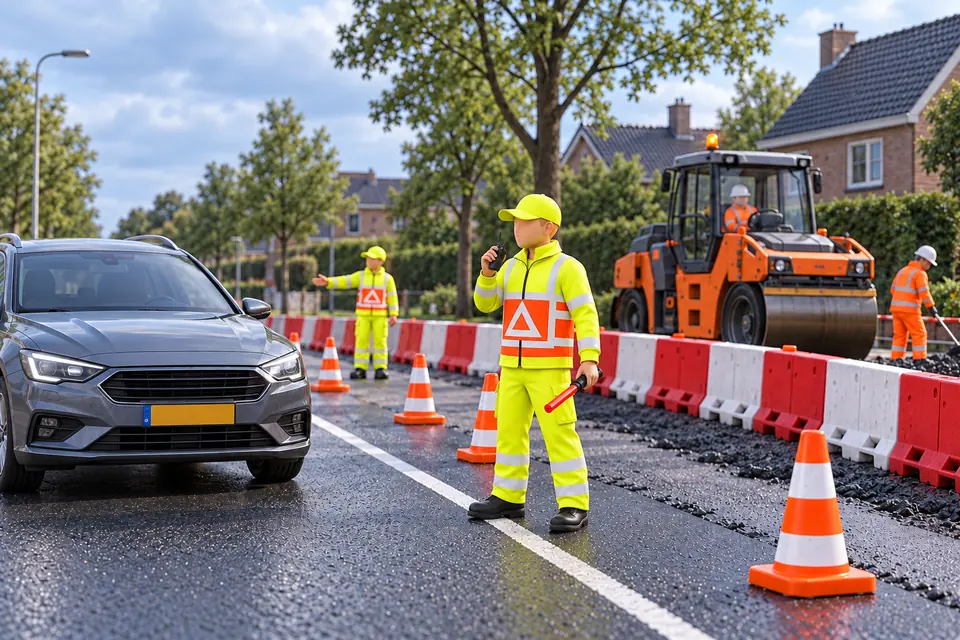 Gezichtsloze 3D-verkeersregelaar met portofoon en korte rode signaallamp bij wegwerkzaamheden