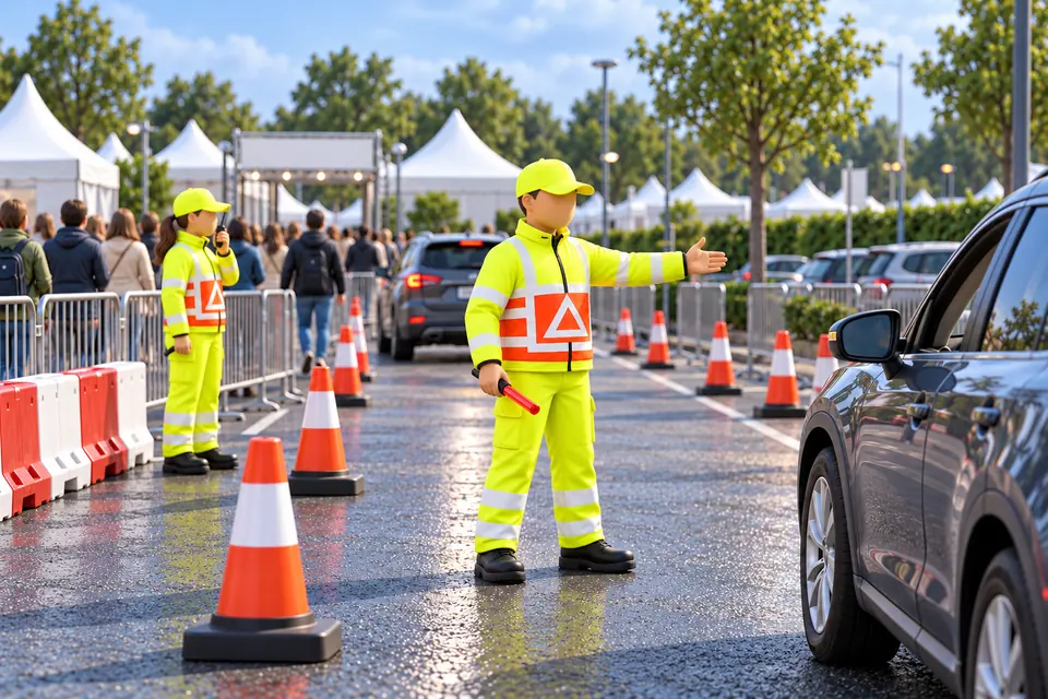 Gezichtsloze 3D-verkeersregelaar wijst bezoekersverkeer de route bij een evenement