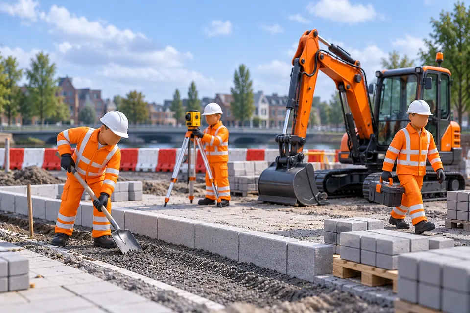 Gezichtsloze 3D-bouwmedewerkers met witte helmen en oranje reflecterende kleding bij grondwerk
