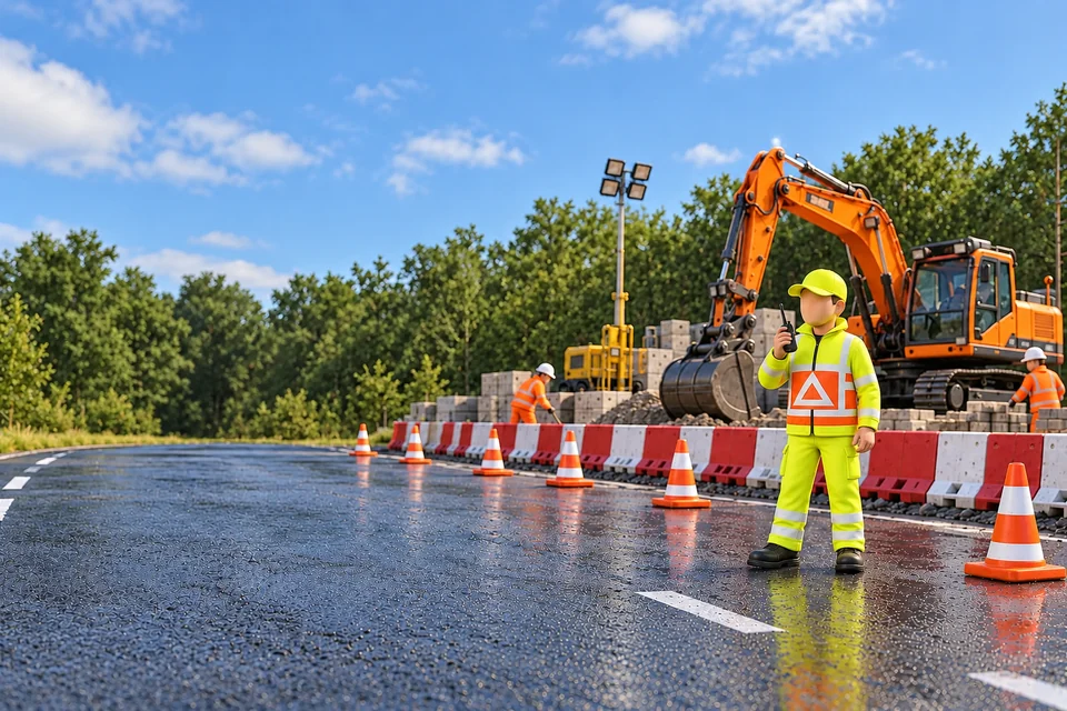 Gezichtsloze 3D-verkeersregelaar met portofoon bij een werkvak met werkverlichting in de avond
